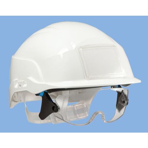 CASQUE DE CHANTIER ORANGE VENTILE AVEC SURLUNETTE + LOGO MISTRAS NOIR