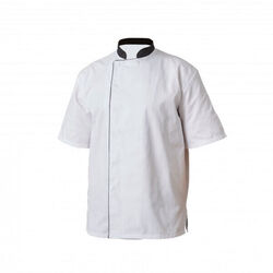VESTE DE CUISINE MANCHES COURTES BLANCHE AVEC PAREMENT ROUGE FAB CMA PDL